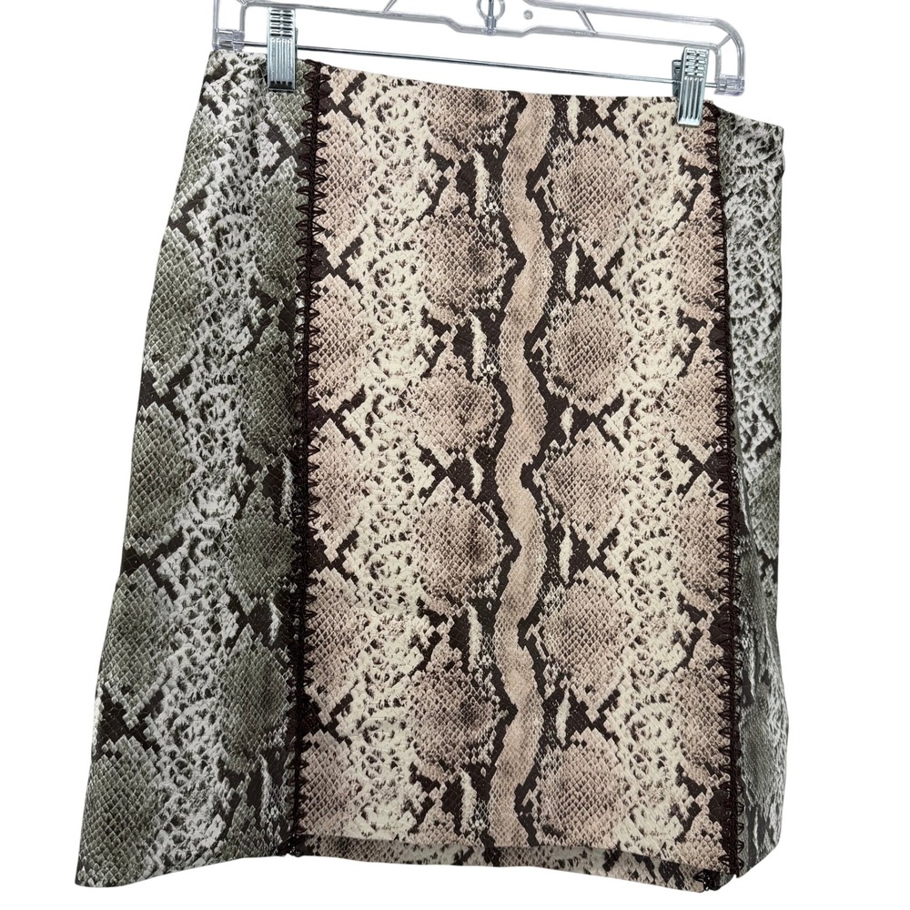 Etcetera Snakeskin Print Faux Leather Mini Skirt Whipstitch Detail Tan Brown 10